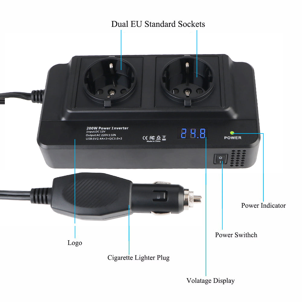 CowLost | 4-usb-12v-to-220v-400w-peak-power-auto-mounted-inverter-accessories-cigarette-lighter-car-200w-inverter-ac-eu-socket-dc-to-ac |13