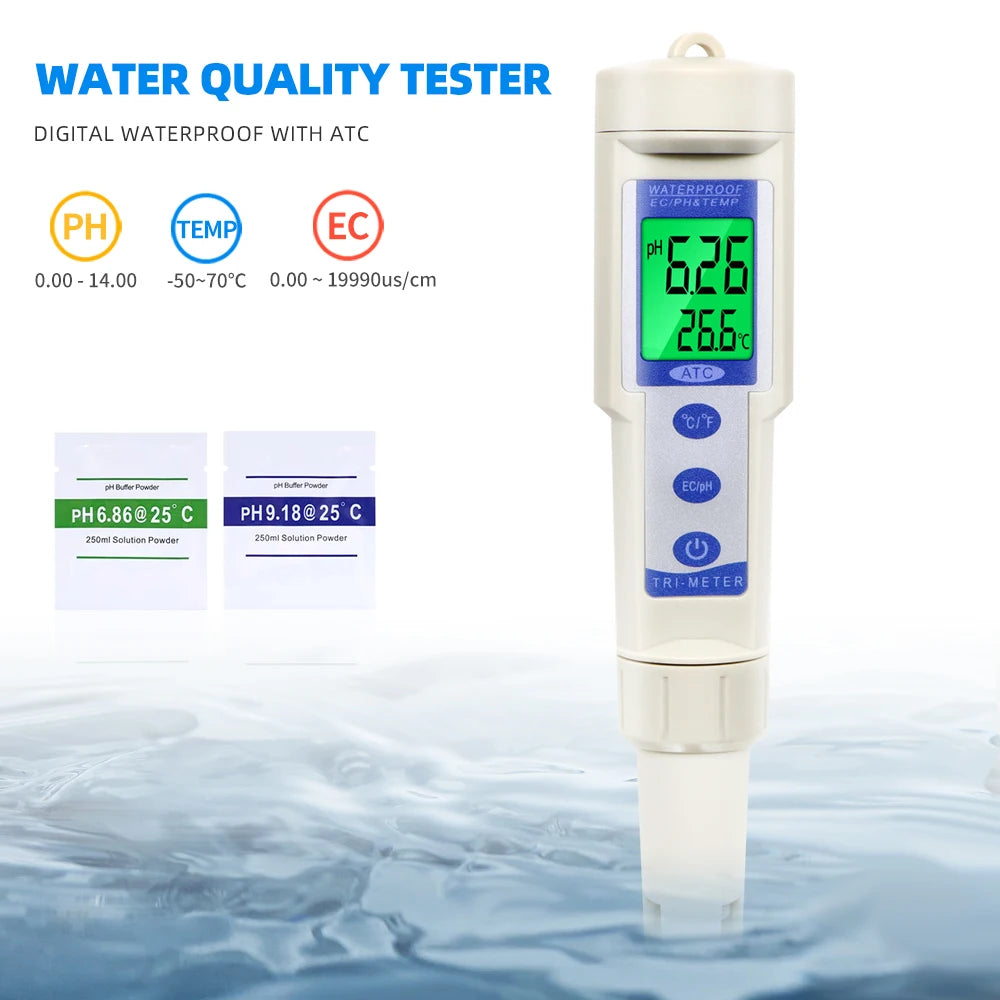 3-in-1 Waterproof Digital PH EC Temp Meter 0.01 with Auto Temperature Compensation for Aquarium