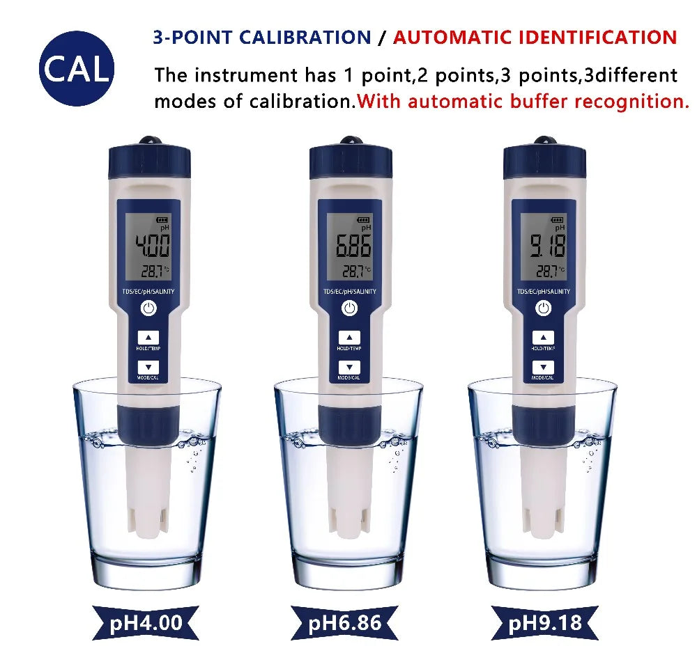 5-in-1 EC TDS Salinity Temperature pH Water Quality Tester with ATC for Food, Beverages, Aquarium, Seawater