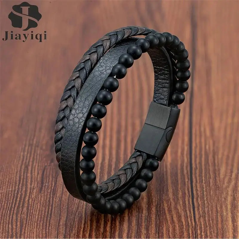 CowLost | fashion-volcanic-stone-beaded-mutilayer-leather-bracelet-for-men |1