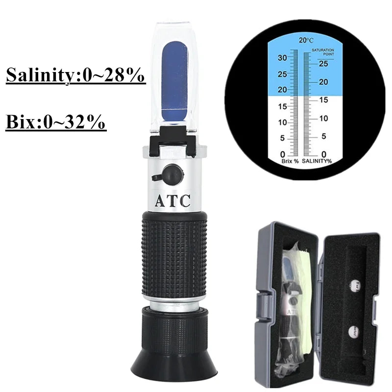 Handheld Brix & Salt Refractometer with ATC Dual Scale 0-32% Brix 0-28% Salt for Brine, Fruit, Beer