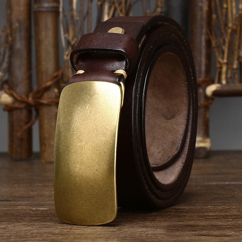 CowLost | 3-3cm-pure-cowskin-men-belt-high-quality-genuine-leather-smooth-brass-buckle-strap |12