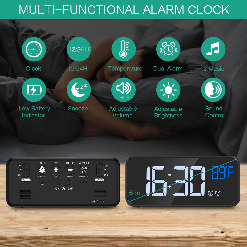 ORIA Digital LED Alarm Clock with Music, Snooze, Temperature, Voice Control, and Backlight