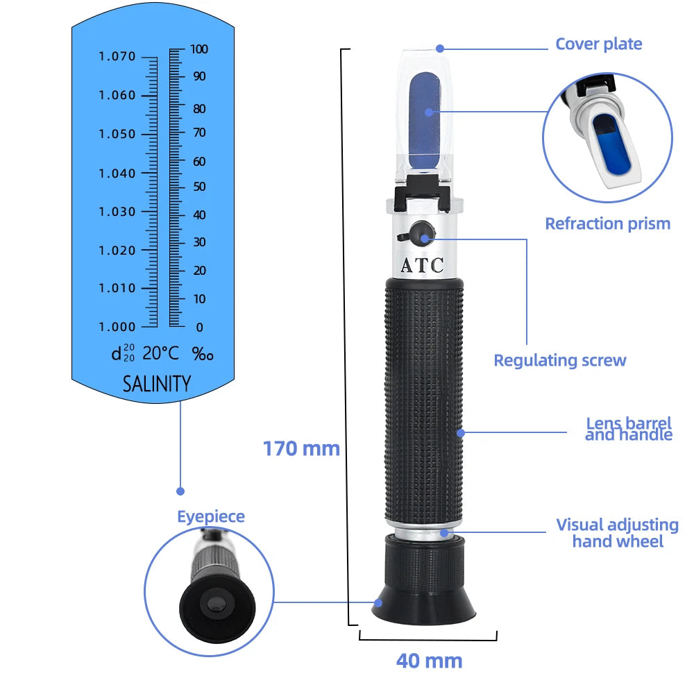 Handheld Salinity Refractometer ATC 0-100ppt 1.000-1.070 Seawater Salinometer for Aquarium