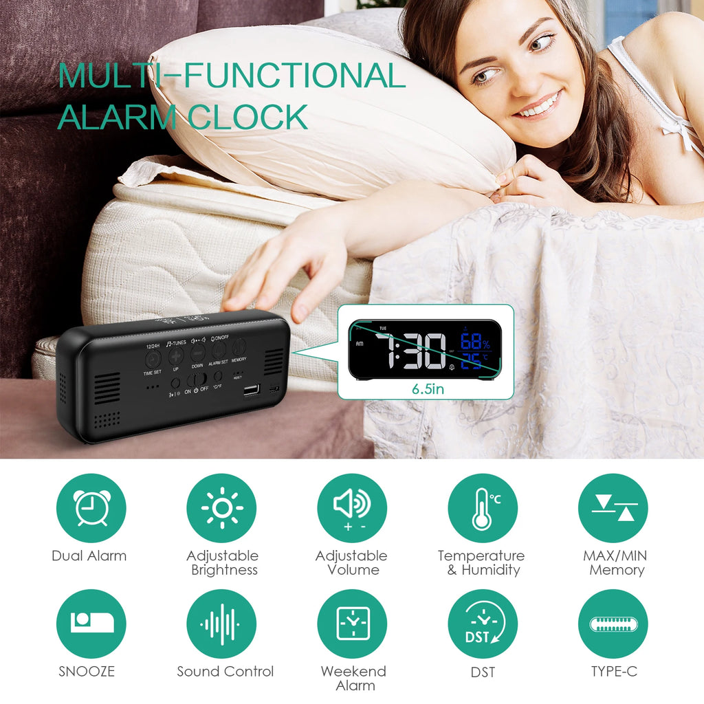 ORIA Rechargeable LED Mirror Alarm Clock with Music, Voice Control & Adjustable Brightness for Home Office Bedroom