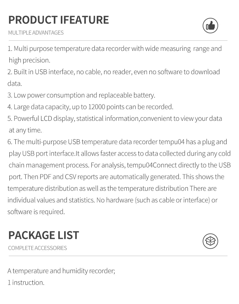 USB Temperature Data Logger Recorder 16000 Points with Built-in NTC Sensor for Warehouse and Refrigerated Transport