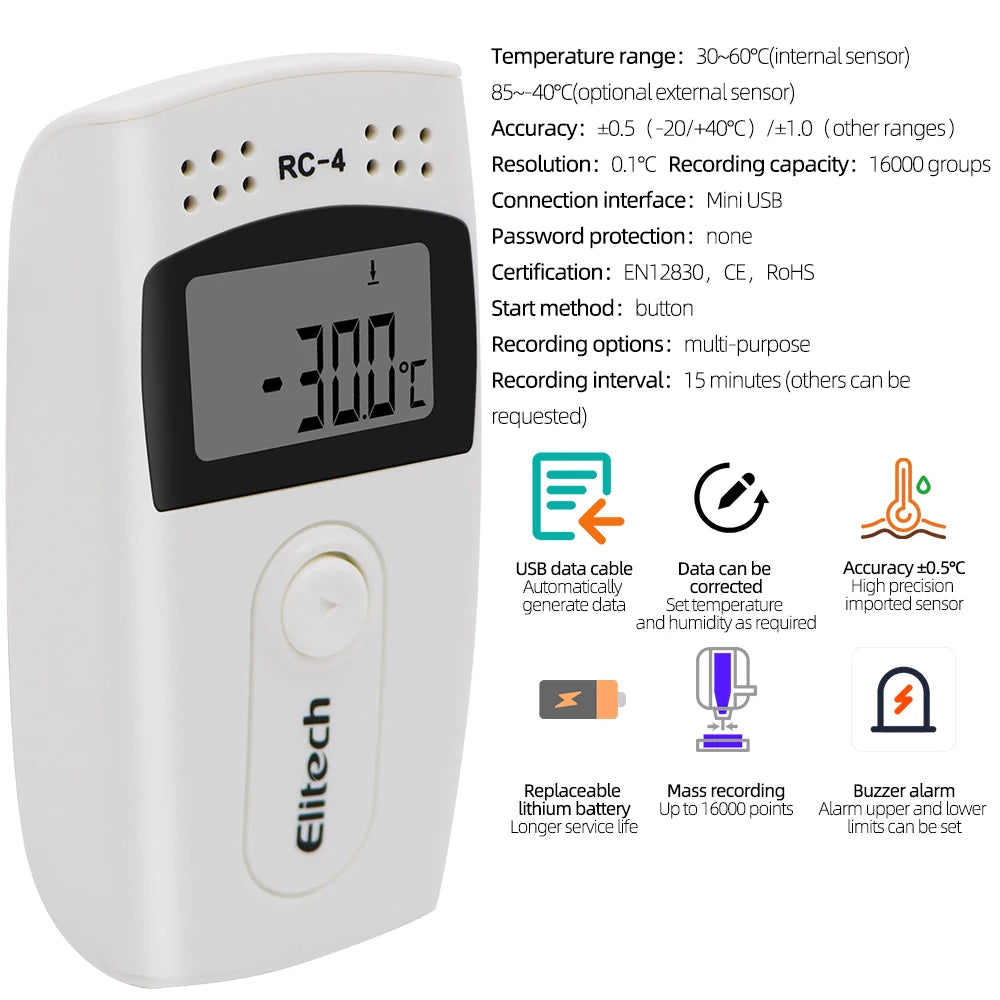 5pcs RC-4 USB Temperature Data Logger Recorder 16000 Points Built-in NTC Sensor External Sensor Support