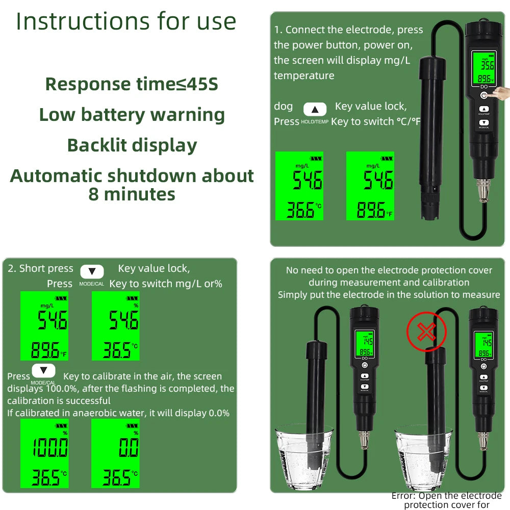 DO9100 Pen-Type Dissolved Oxygen Meter with Backlight, 0-40mg/L Oxygen Tester, ATC