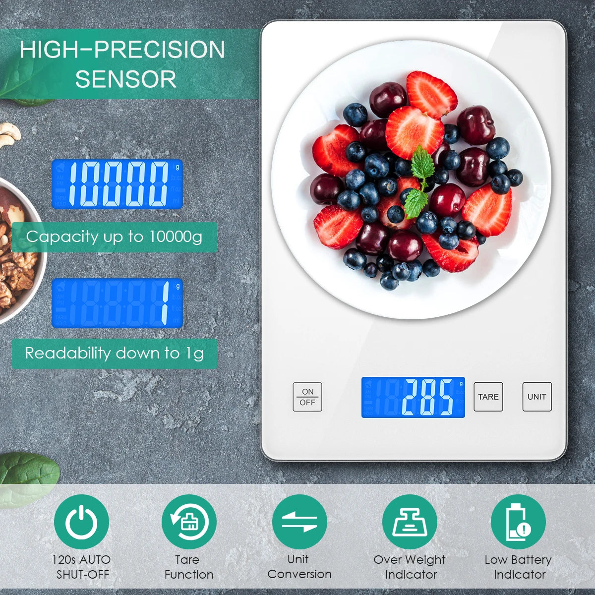 Digital Kitchen Scale 1g-10kg Waterproof Tempered Glass High Accuracy Multi-Function