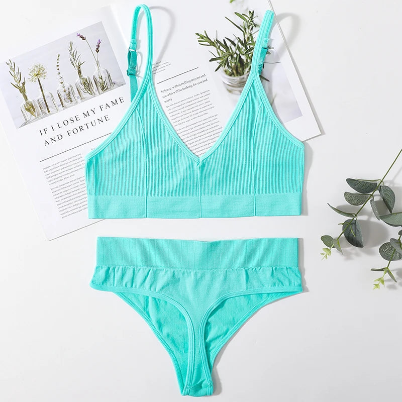 CowLost | product_id-women-seamless-ribbed-wire-free-v-neck-bra-panty-set-with-adjustable-straps-m-l |11