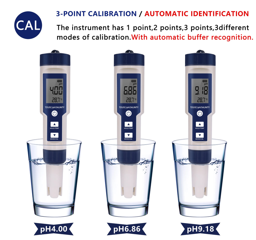 5-in-1 EC TDS Salinity Temperature pH Water Quality Tester with ATC for Food, Beverages, Aquarium, Seawater