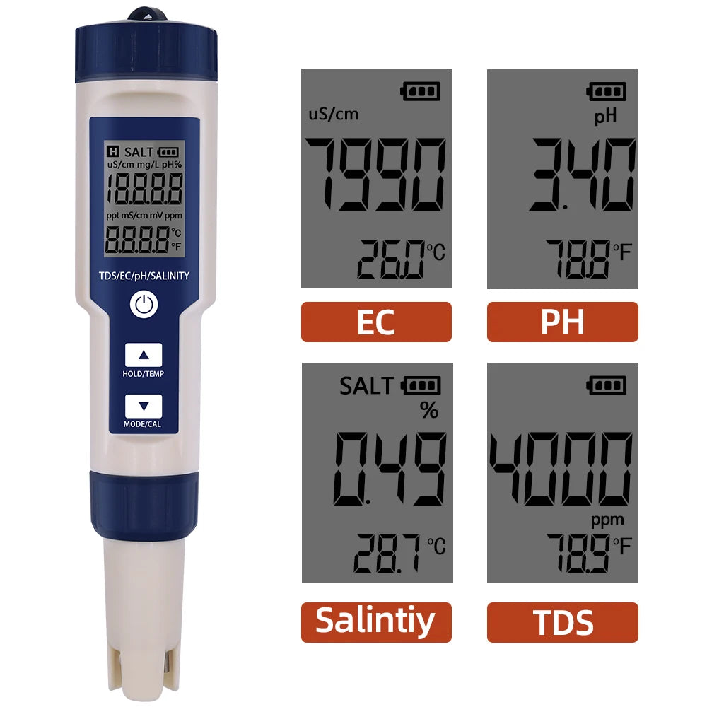 5-in-1 EC TDS Salinity Temperature pH Water Quality Tester with ATC for Food, Beverages, Aquarium, Seawater
