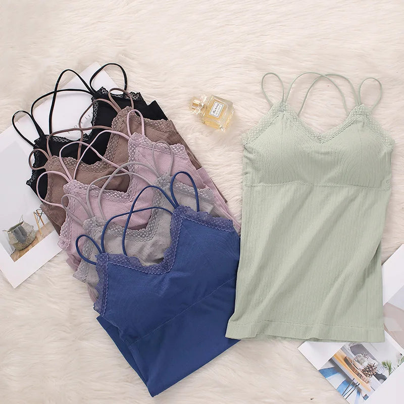 CowLost | product_id-women-seamless-wireless-padded-v-neck-lace-trim-cross-strap-camisole-tank-top |2