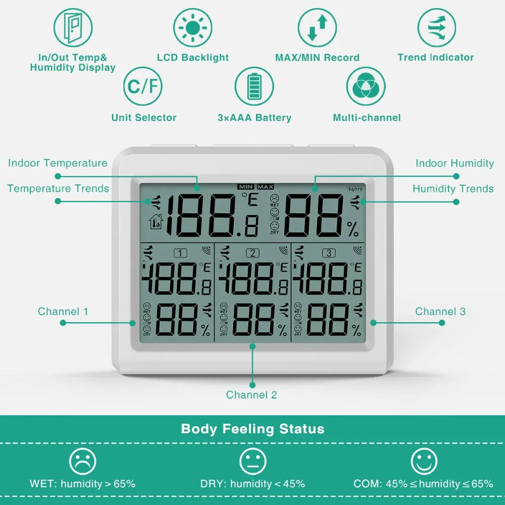ORIA Digital Wireless Hygrometer Thermometer LCD Indoor Outdoor Temperature Humidity Monitor with Remote Sensor