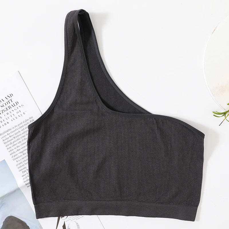 CowLost | one-shoulder-tank-tops-women-seamless-underwear-bra-top-female-crop-top-sexy-lingerie-ribbed-streetwear-camisole |3