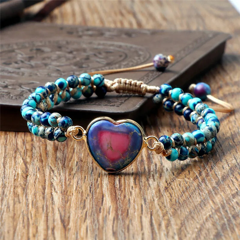 CowLost | badge-pass-holders-natural-stone-heart-shape-charm-bracelet-unisex-adjustable |20