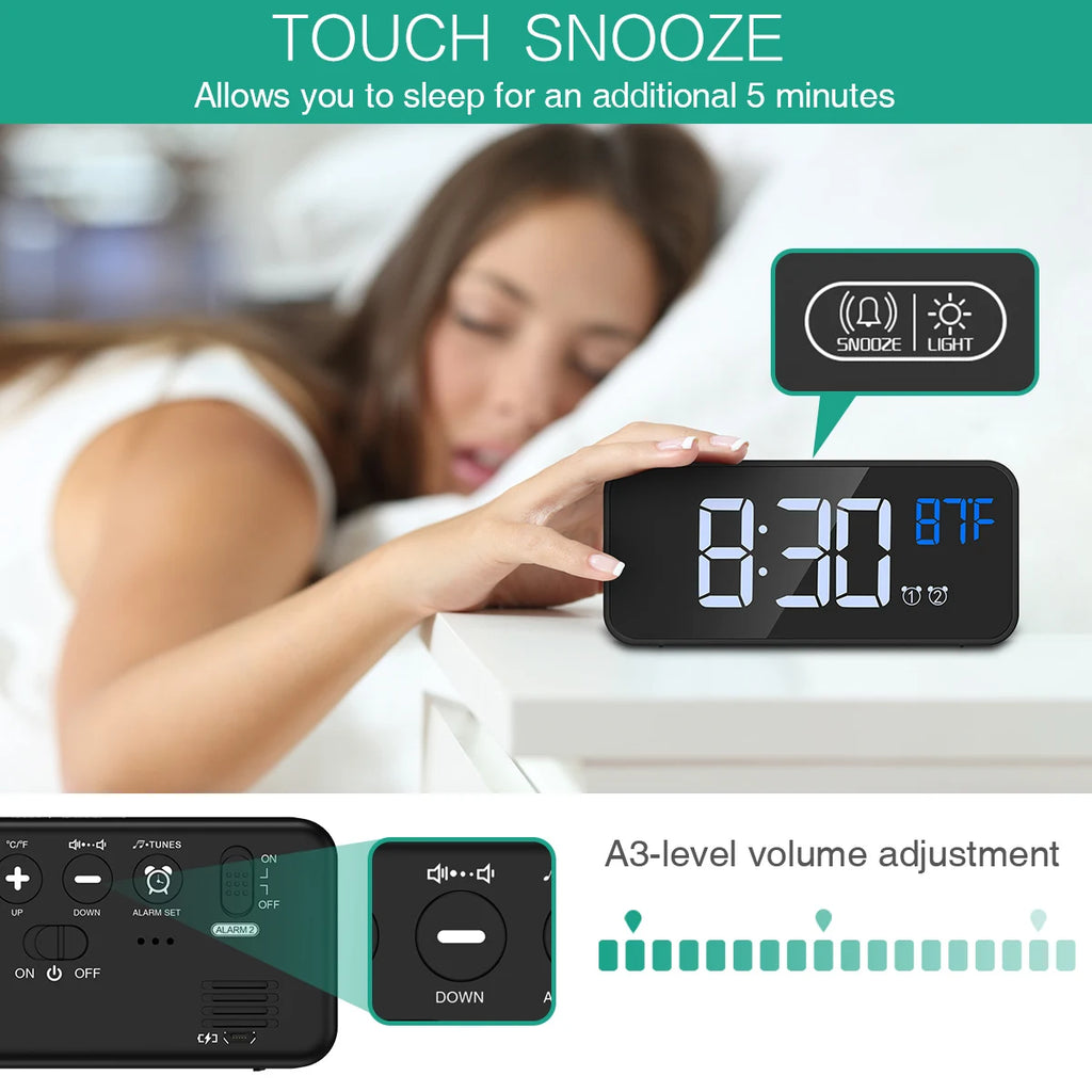 ORIA Digital LED Alarm Clock with Music, Snooze, Temperature, Voice Control, and Backlight