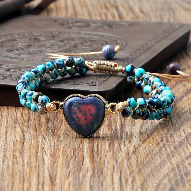 CowLost | badge-pass-holders-natural-stone-heart-shape-charm-bracelet-unisex-adjustable |18