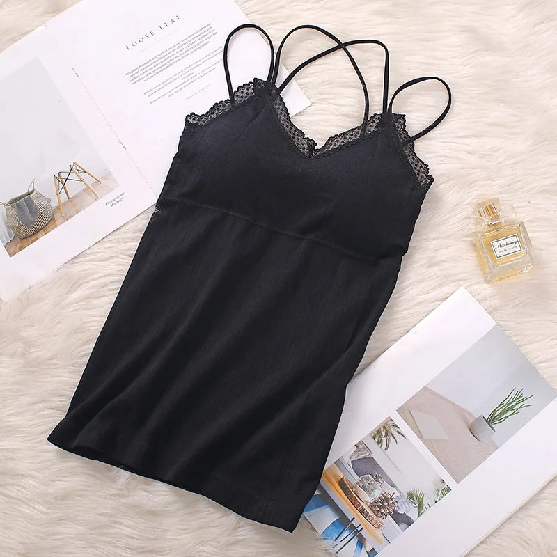 CowLost | product_id-women-seamless-wireless-padded-v-neck-lace-trim-cross-strap-camisole-tank-top |8