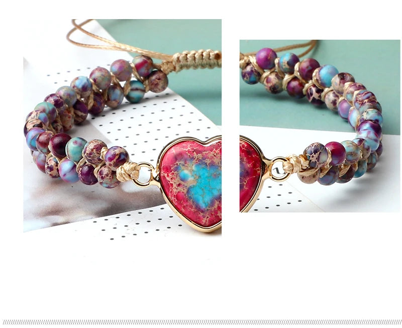 CowLost | badge-pass-holders-natural-stone-heart-shape-charm-bracelet-unisex-adjustable |11