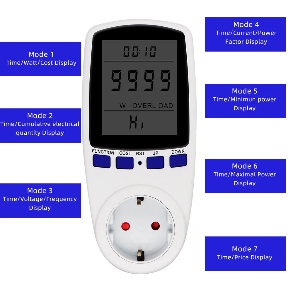 Digital LCD Power Meter Wattmeter Socket 220V AC EU Energy Measuring Outlet with Overload Protection and 7 Display Modes