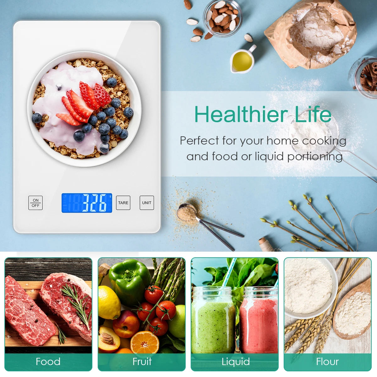 Digital Kitchen Scale 1g-10kg Waterproof Tempered Glass High Accuracy Multi-Function