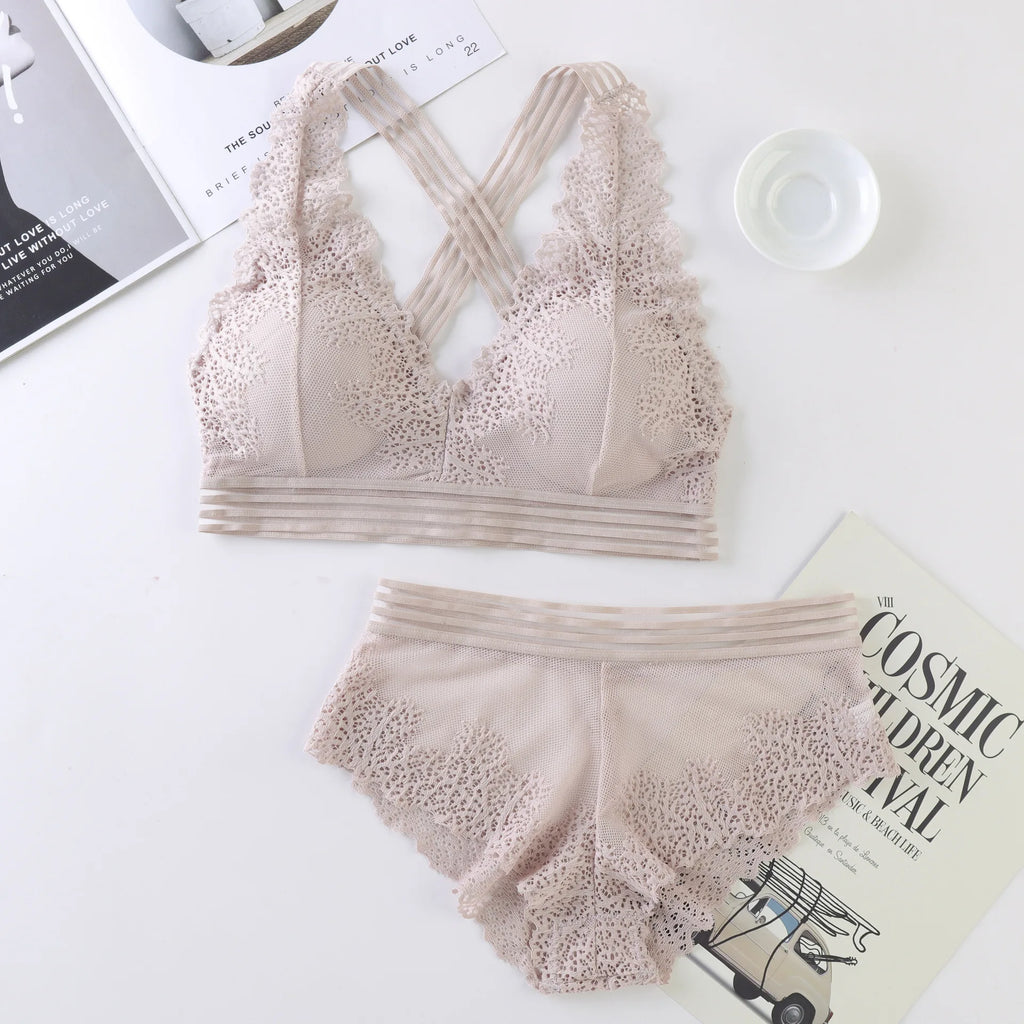 CowLost | deep-v-lace-bras-women-sexy-lingerie-set-nonwire-bra-low-waist-briefs-padded-underwear-female-floral-lace-bra-panties-set |2