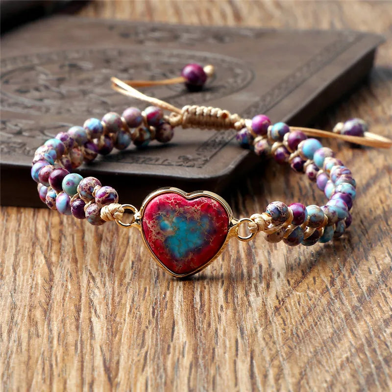 CowLost | badge-pass-holders-natural-stone-heart-shape-charm-bracelet-unisex-adjustable |13