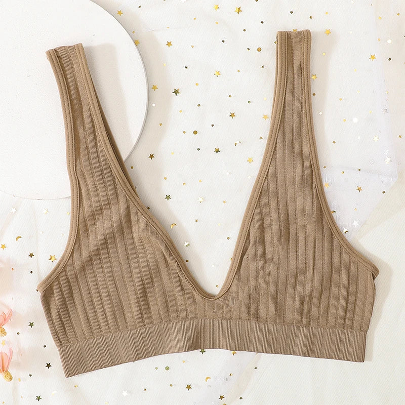 CowLost | push-up-bras-for-women-seamless-ribbed-deep-v-bralette-unlined-sexy-lingerie-wireless-crop-top-s-xl-plunge-sports-underwear |4