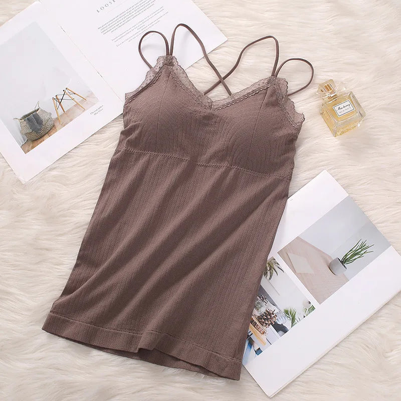 CowLost | product_id-women-seamless-wireless-padded-v-neck-lace-trim-cross-strap-camisole-tank-top |9