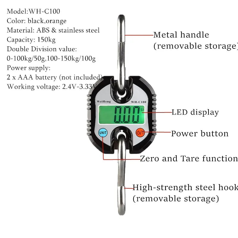 300kg Heavy Duty Electronic Digital Crane Scale 50g Accuracy Stainless Steel Hook LCD Display
