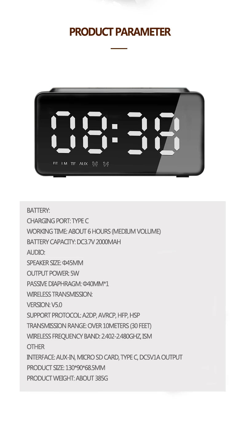 ORIA Digital Alarm Clock Bluetooth Speaker FM Radio Wireless USB Fast Charger