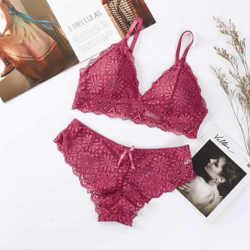 CowLost | product_id-women-floral-lace-wire-free-push-up-bra-and-low-rise-panties-set |15
