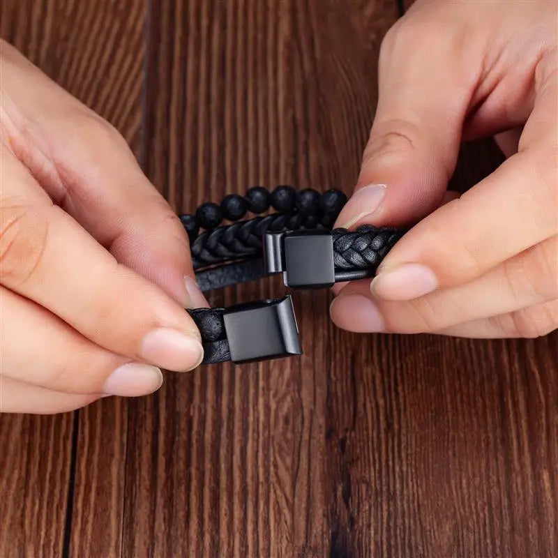 CowLost | fashion-volcanic-stone-beaded-mutilayer-leather-bracelet-for-men |2