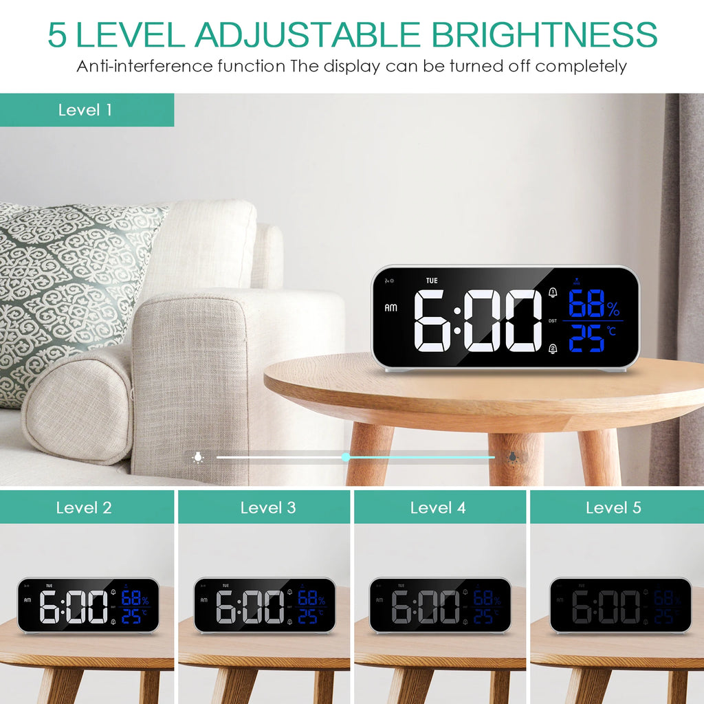 ORIA Rechargeable LED Mirror Alarm Clock with Music, Voice Control & Adjustable Brightness for Home Office Bedroom