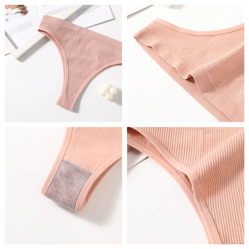 CowLost | women-seamless-bras-set-plunge-tops-non-wire-bralette-low-waist-g-string-thongs-solid-color-underwear-female-sexy-lingerie-set |4