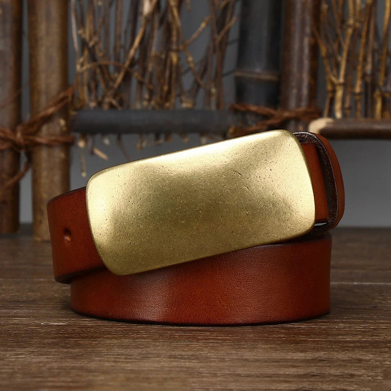CowLost | 3-3cm-pure-cowskin-men-belt-high-quality-genuine-leather-smooth-brass-buckle-strap |10