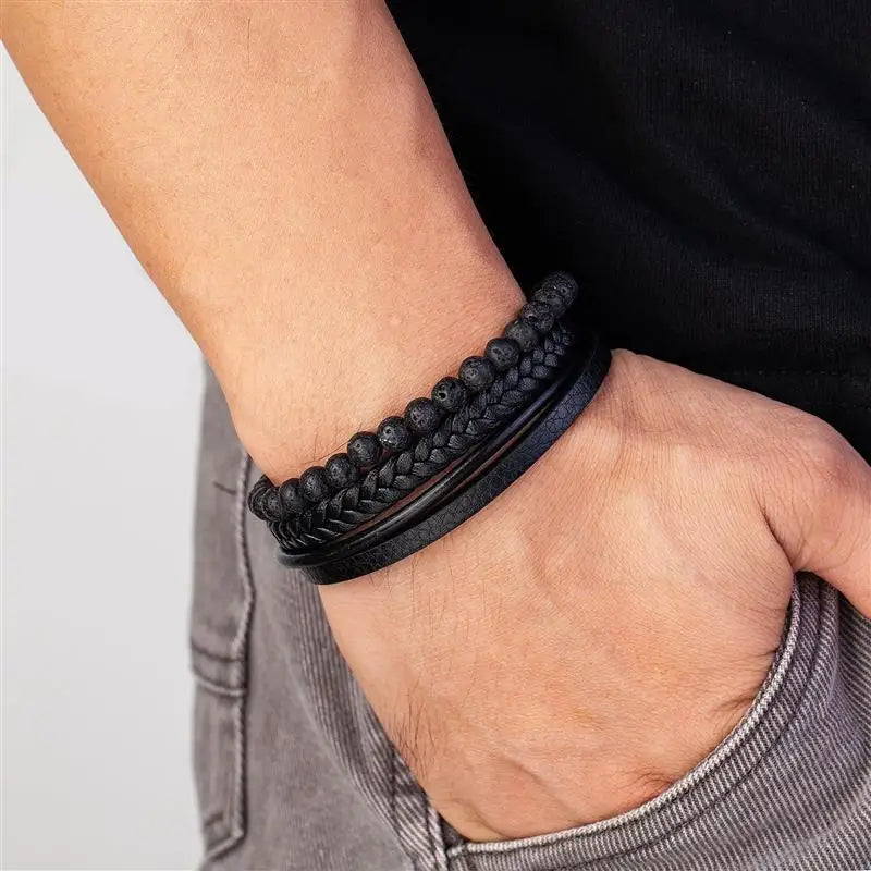 CowLost | fashion-volcanic-stone-beaded-mutilayer-leather-bracelet-for-men |4