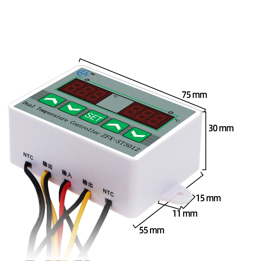 ZFX-ST3012 Dual Temperature Controller Digital Thermostat Incubator Microcomputer Dual Probe AC 220V 12V 24V