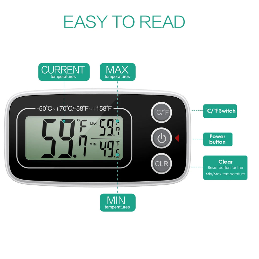 ORIA 2pcs Digital Waterproof Refrigerator Thermometer with Magnet and Hook, Max/Min Record