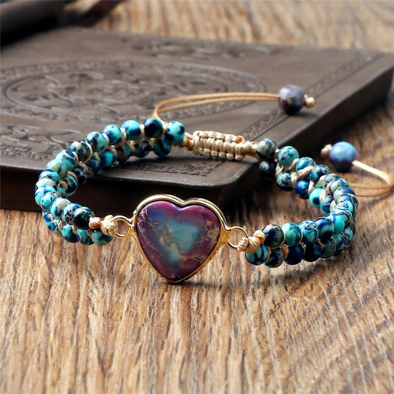 CowLost | badge-pass-holders-natural-stone-heart-shape-charm-bracelet-unisex-adjustable |19