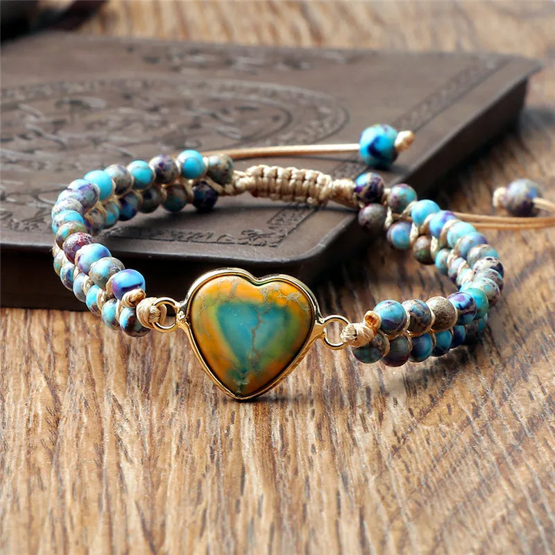 CowLost | badge-pass-holders-natural-stone-heart-shape-charm-bracelet-unisex-adjustable |16