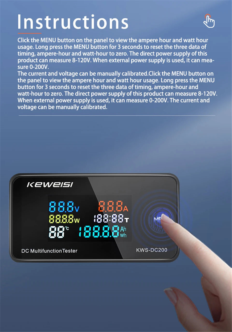 KWS DC-200 Digital Voltmeter Ammeter 0-200V 0-100A LED Wattmeter with Reset Function