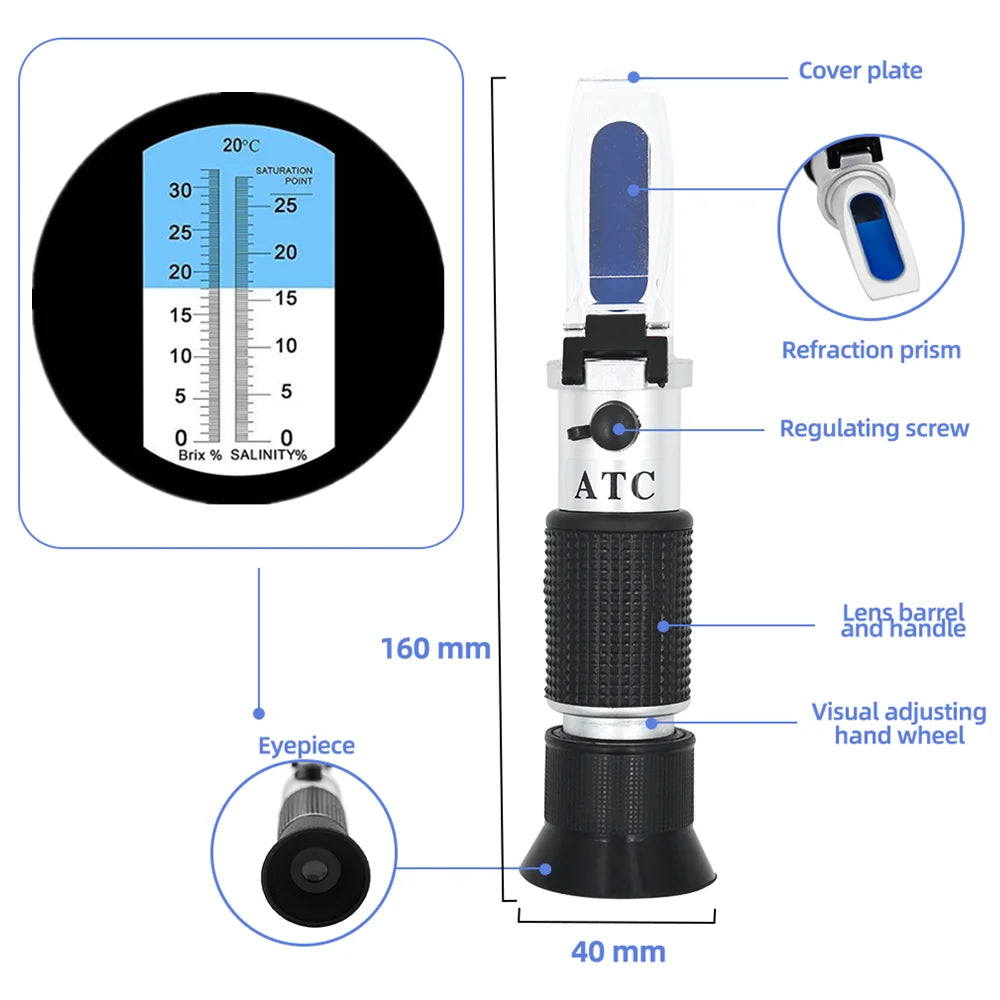 Handheld Brix & Salt Refractometer with ATC Dual Scale 0-32% Brix 0-28% Salt for Brine, Fruit, Beer