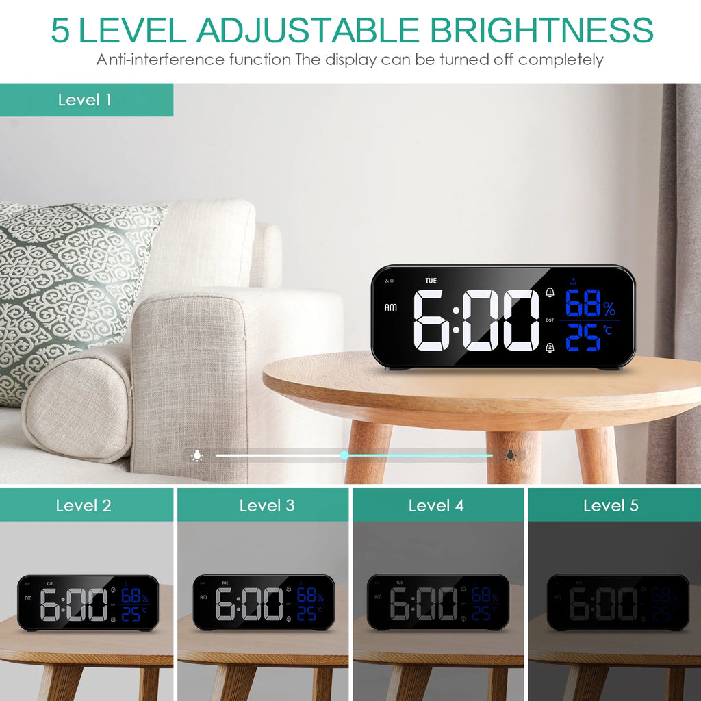 ORIA Rechargeable LED Mirror Alarm Clock with Music, Voice Control & Adjustable Brightness for Home Office Bedroom