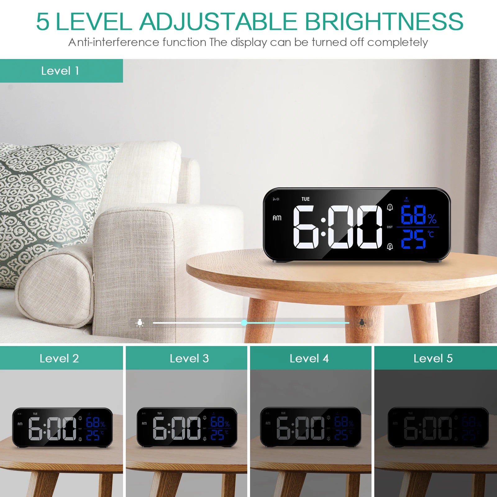 ORIA Rechargeable LED Mirror Alarm Clock with Music, Voice Control & Adjustable Brightness for Home Office Bedroom