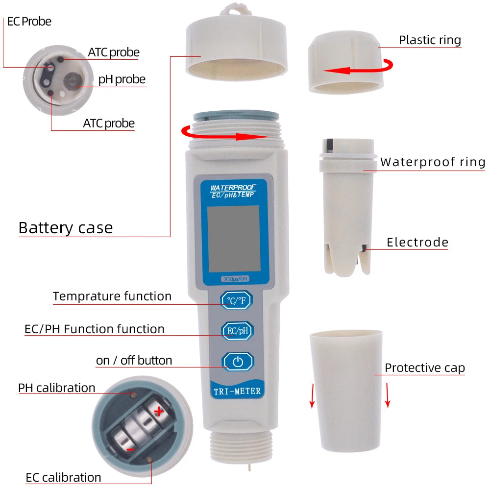 3-in-1 Waterproof Digital PH EC Temp Meter 0.01 with Auto Temperature Compensation for Aquarium