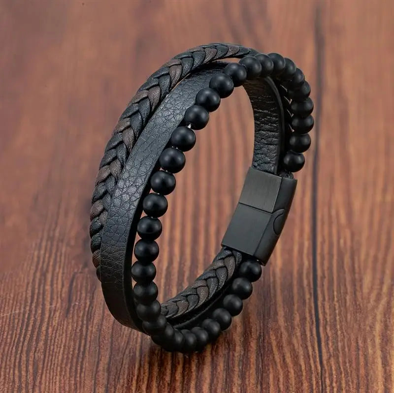 CowLost | fashion-volcanic-stone-beaded-mutilayer-leather-bracelet-for-men |6