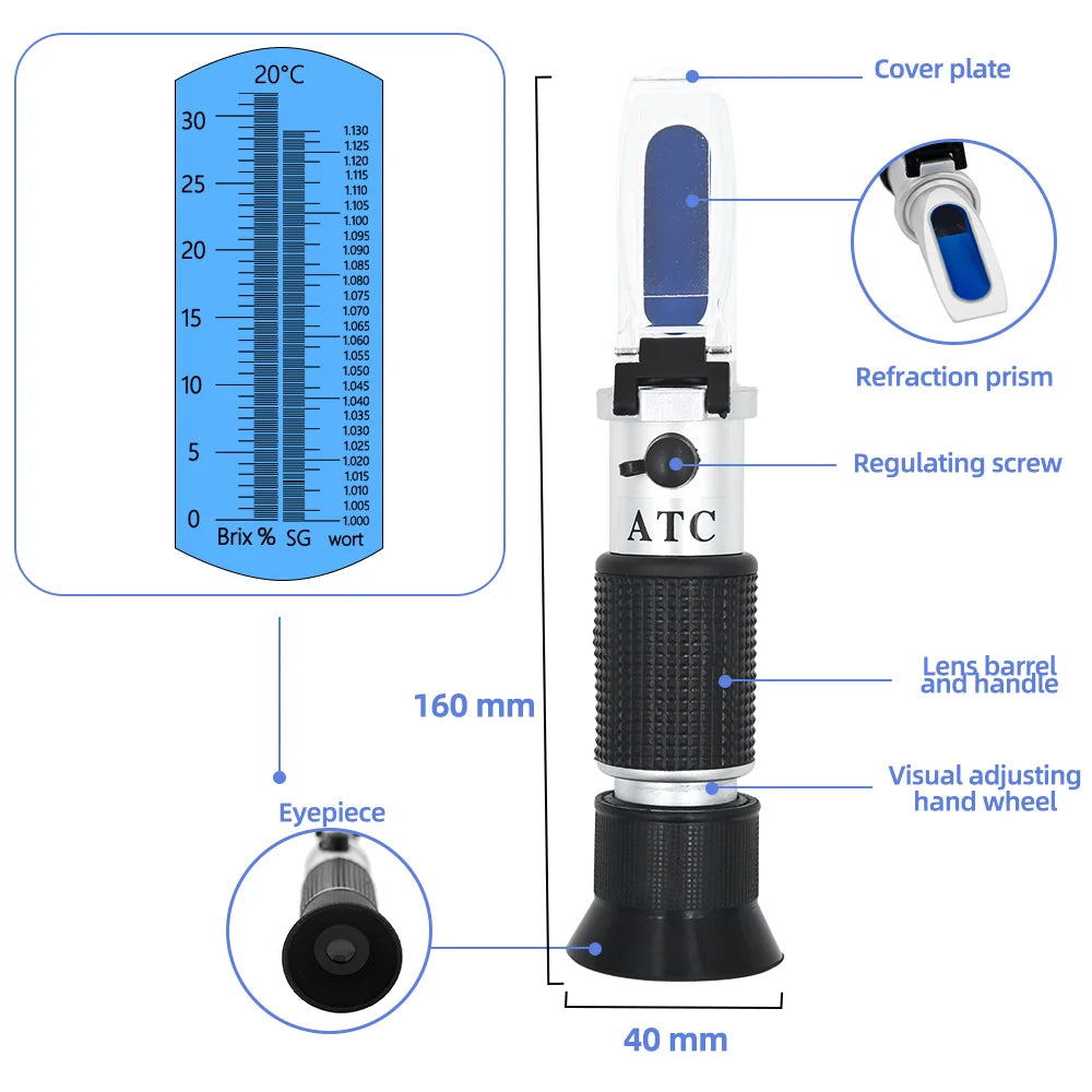 Beer Wine Wort Refractometer Dual Scale 0-32% Brix 1.000-1.130 SG with ATC Homebrew Hydrometer