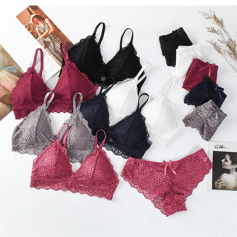 CowLost | product_id-women-floral-lace-wire-free-push-up-bra-and-low-rise-panties-set |7